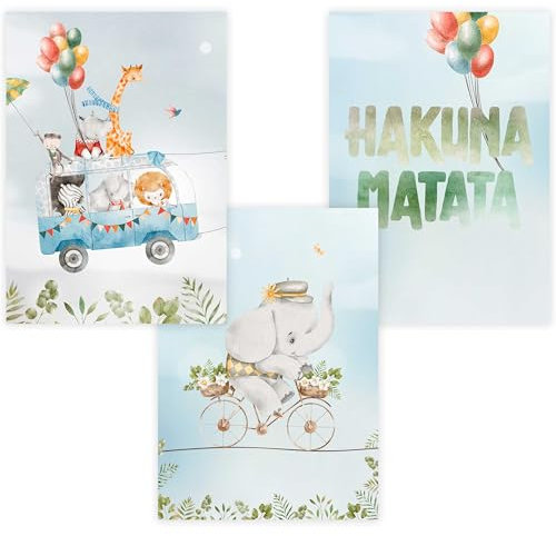 WANDKIND Kinderzimmer Poster Set Premium P754 / Hakuna Matata Party Babyzimmer Wandbild Wandbilder (A4 - Rahmen/Frame Eiche/Oak)