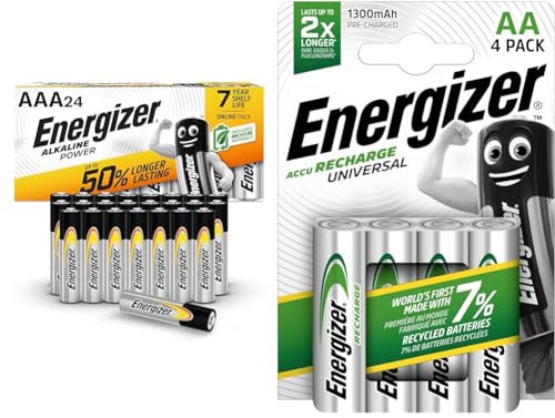Energizer AAA Batteries, Alkaline Power, 24 Pack, Triple A Battery Pack - Amazon Exclusive (Packaging may vary) & Rechargeable AA Batteries, Universal Double AA, Pack of 4