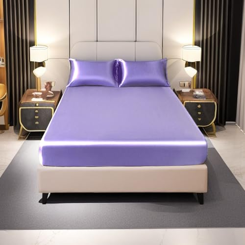 Menkala Satin Spannbettlaken 120x200cm Lila Violett Uni Bettlaken Glänzend Seide Matratzenschoner Glanzsatin Glatt Microfaser Spannbetttuch für Boxspringbett Topper Matratze bis 30 cm