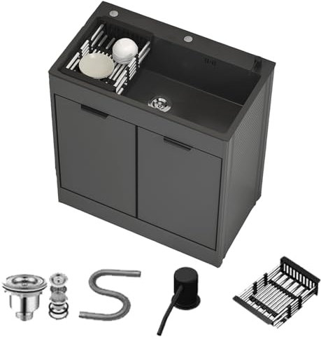 Cucina da Esterno Giardino, 72x40x83cm lavello autoportante con 2Vasca, Lavandino multiuso nero da appoggio per Garage, Ristorante, Cucina, Lavanderia(Senza Rubinetto/72x40x83cm/2 Vasca)