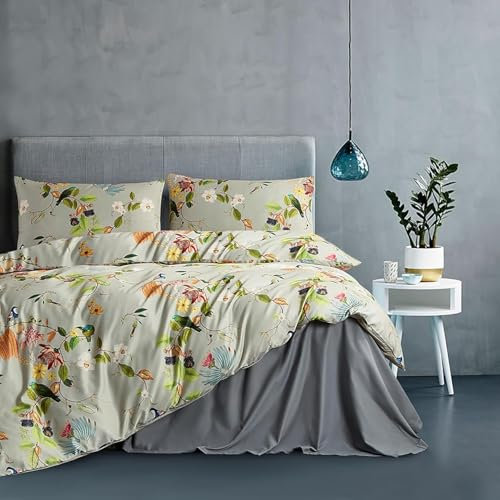 Bettwäsche-Set mit Vintage-Blumen- und Vogelmotiv, Queen-Size-Bett, lebendige Farben, Garten, Blumenmuster, leicht, flauschig, ästhetisch, botanisches Bettdecken-Set, Boho, mit 2 Kissenbezügen, für