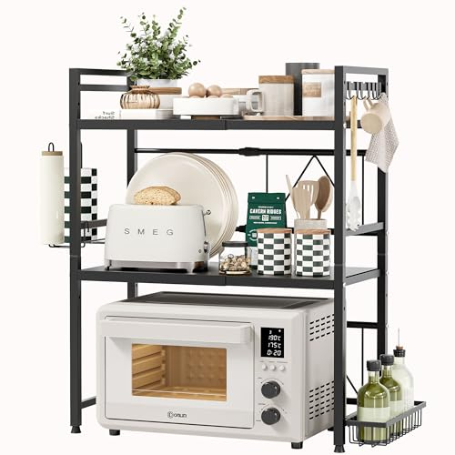 NETEL Erweiterbares Mikrowellen Regal 3-stufiges Mikrowellenständer Organizer küchenregal stehend für arbeitsplatte Bäckerregale mit Papierhandtuchhalter und Gewürzregal, schwarz, Ausziehbar 40-60cm