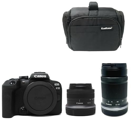 KamKorda Camera Bag + R10 Mirrorless Camera + RF-S 18-45mm + RF-S 55-210mm STM lenses, 24.2MP APS-C CMOS Sensor, 4K Video + 2 Year Warranty