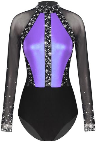 iEFiEL Turnanzug für Damen Langarm Gymnastikbody mit Strass Patchwork Metallic Tanzbody Ballett Trikotanzug Wettbewerb Leotards Helles Lila XL