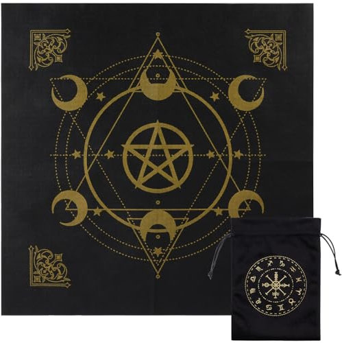 CREATCABIN Hexagramm Tarottuch Altartuch Mond Tarotdeck Pentagramm Spiritueller Wandteppich Heilige Astrologie Mit Tarotkartentasche Für Wahrsagerei Hexerei Heidnisches Geschenk 49.5x49.5cm Schwarz