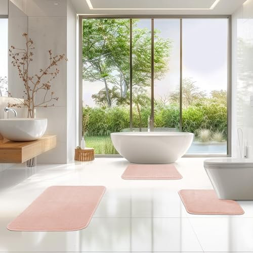 TA&MA STORE Badezimmerteppich Set | Badteppich rutschfest waschbar - Badvorleger für das Badezimmer - Badematten & Badteppiche schnell trocknend (ROSA, 80X50 3'ER Set)