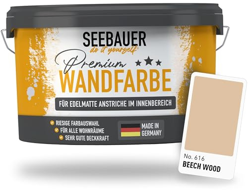 SEEBAUER diy Wandfarbe Braun 5L für Innen (No. 616 Beech Wood) Edelmatte hellbraune Innenfarbe - Brauntöne sehr hohe Deckkraft - Matt, Abwaschbar und Tropffrei