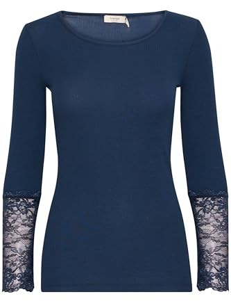 fransa FRHIZAMOND Damen Langarmshirt Longsleeve Shirt mit Spitze Stretch Rundhals Baumwollmischung Skinny Fit, Größe:XS, Farbe:Dark Peacoat (194010)