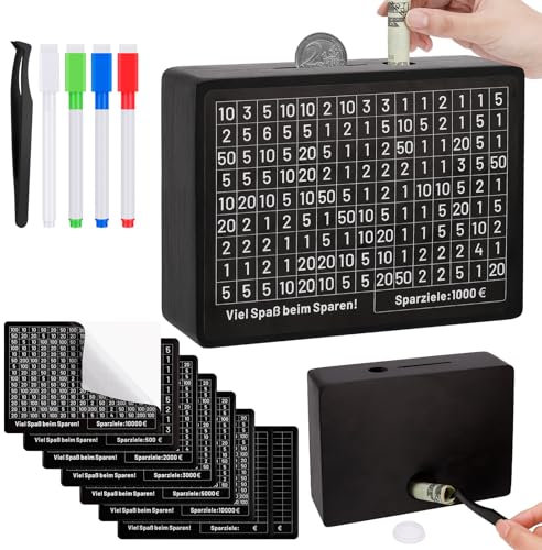 Lvefyti Holz-Sparbox mit Retro-Design und Marker, Spardose mit Sparziel für €500 bis €10,000