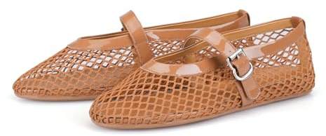 Adrizzlein Mesh Ballet Flats for Women Fishnet Ballerina Flats Buckle Strap Mesh Ballet Shoes Wide Width Casual Summer Dress Flat Shoes, Brown, 6 UK
