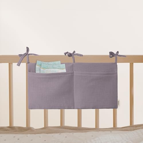 Babybett Aufbewahrungstasche aus 100% Baumwolle Musselin, für das Beistellbett, Babybett, Kinderbett. Ideal zum Verstauen von Windeln, Schnullern (Plum)