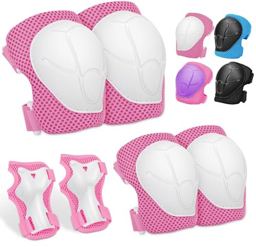 Ginocchiere per bambini, 6 in 1 per skateboard, pattini in linea, hoverboard, bicicletta (Rosa/Bianco)