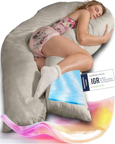 Traumreiter Seitenschläferkissen Visco XXL Professional mit Bezug Leinenfarbig Deluxe Hybrid Wendekissen +1cm Memory Foam U form Schwangerschaftskissen Body Pillow Komfortkissen Ergonomie Zertifiziert