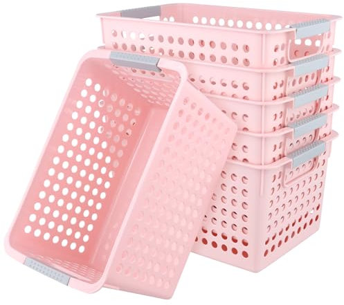 FUNSUEI Lot de 6 paniers de rangement en plastique rose, boite rangement salle de bain, 27 x 18 x 14 cm, Avec poignée, Pour le rangement, l'organisation