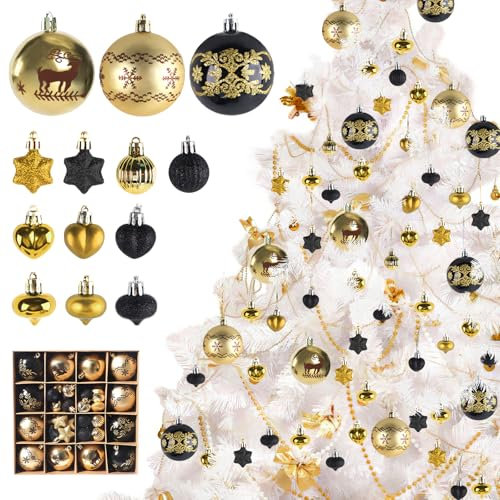 Jemmytu Pack of 52 Christmas Baubles Red White Green Gold Black Christmas Tree Decorations Christmas Baubles Plastic Christmas Tree Baubles Plastic with Lanyard (Black + Gold)
