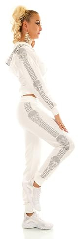 TA Fashion Damen Jogginganzug 2-Teiler Sport Fitness Freizeit Jacke und Hose Strass Nieten Skull Kapuze (DE/NL/SE/PL, Alphanumerisch, M, L, Regular, Regular, Weiss-7171)
