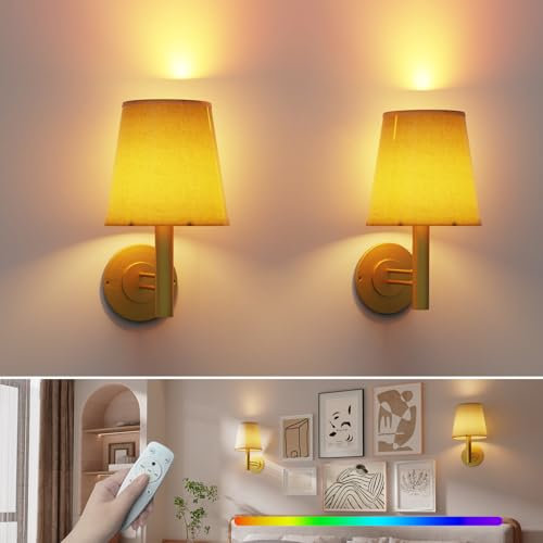 Wandlampe innen 2 Stück, 4400mAh Vintage Wandleuchten mit Stoffschirm, Retro Kabellose Wandlampen Fernbedienung für Schlafzimmer Wohnzimmer