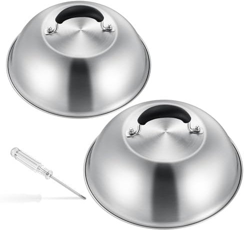 Joyfair Cheese Melting Dome, 9.8 Inch Stainless Steel Basting Cover Set of 2, Large Metal Steaming Cover Grill Lid for Indoor & Outdoor Flat Top Griddle Teppanyaki Cheese Burger, Dishwasher Safe