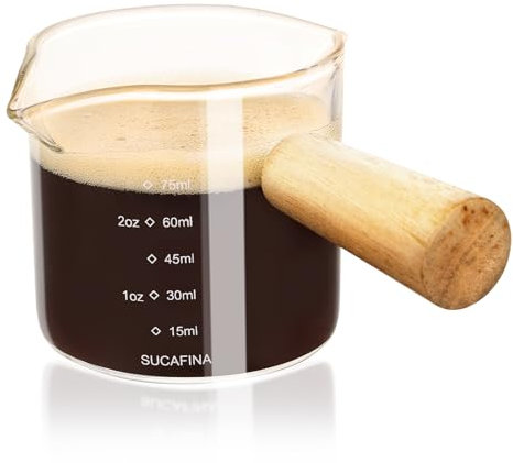 HOTUT Double Spouts Measuring Cup with Wooden Handle,75ml Double Spout Espresso Coffee Cup with Scale,V-Shaped Pouring Spout Glass Measuring Cup,Espresso Double Spouts Milk Cup for Home,Office,Café