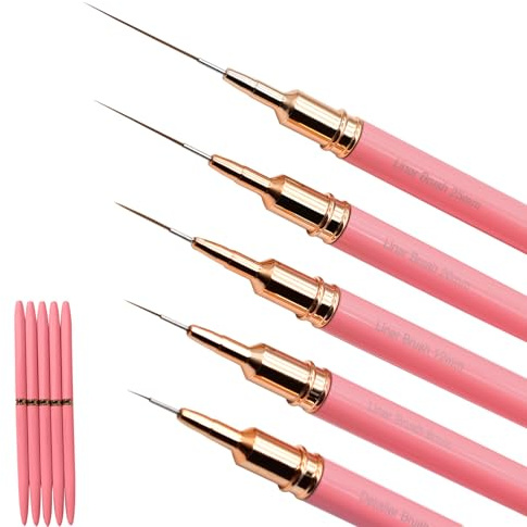 Lot de 5 pinceaux métalliques pour nail art - Outils de peinture pour vernis gel UV pour longues lignes, détails fins, dessin fin, tailles 4/8/12/20/25 mm (rose)