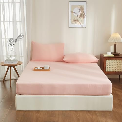 YASMENG Doppelte Muslin Spannbettlaken 90x200cm 100% Baumwolle Rosa Muslin Bettlaken 90x200cm Baumwolle Weich Atmungsaktiv Kuschelige Spannbetttuch Boxspringbett Geeignet für 30cm Matratze