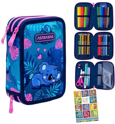 Goldkids - Federmäppchen 3 Fächer - Mäppchen für Mädchen und Jungen - Federmappe 3-Fach Federtasche Gefüllte Schüleretui Schulmäppchen und Hausaufgabenheft - Koala