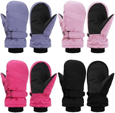Geyoga 4 Pairs Kids Mittens Waterproof Ski Gloves Boys Girl Warm Snow Winter Mittens for Kids Toddler Outdoor Activities(Black, Rose Red, Purple, Pink,8-12 Years)