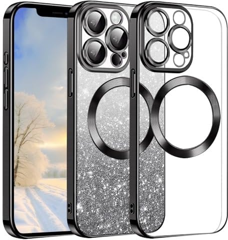 Yarxiawin for iPhone 12 Pro Max Case Clear Glitter Magnetic Compatible with Magsafe Wireless Charger for Apple iPhone 12 Pro Max Phone Case Silicone Shockproof Protective Cover Soft Slim (Negra)