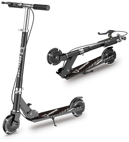 FOXSPORT Roller Kinder Scooter, Klappbarer Roller, 2 Räder Scooter – LED-beleuchtete Räder, 3 einstellbare Höhen, 100 kg Tragkraft, Geschenk für Jungen und Mädchen ab 3 Jahren (Schwarz)