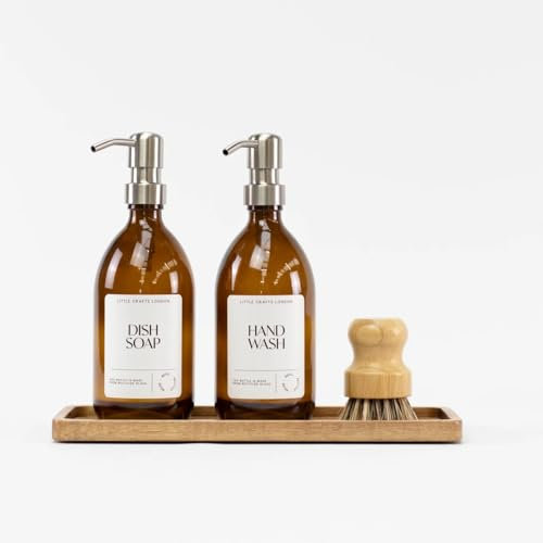 Set of 2 Amber Glass Bottles 500 ML Long tray & Dish Brush | kitchen hand and dish soap dispenser set | Washing Up Liquid Dispenser Bottle | Kitchen Tidy | Kitchen Bottle Set