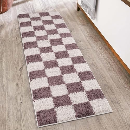 Chester Checkered Soft Shaggy Hallway Runner Rug, Lilac, 60x220cm