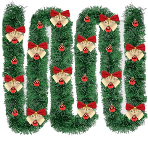 Guirnalda de Navidad de 10 m con 12 Lazos con 12 Bolas, Guirnalda Artificial para escaleras de Navidad y Chimenea, Nieve