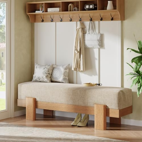 Tribesings 140 cm Schuhbank mit Gepolstert, Schuhschrank mit Sitzbank, Moderne Schuhbank mit Extraweichem, Dickem Kissen und MDF-Gestell für Eingangsbereich, Wohnzimmer, Flur, Beige & Eiche