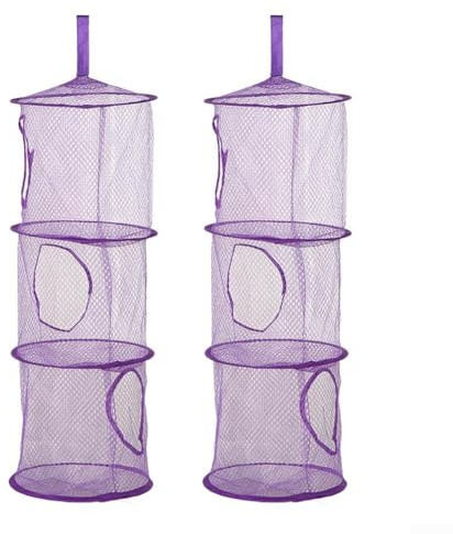 Set di 2 cestini da appendere a triplo strato, pieghevoli, in rete, per organizzare oggetti personali, salvaspazio, per piccole stanze (viola)