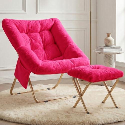 Osumlee Comfy Saucer Chair for Adults, Foldable Living Room Chairs, Soft Faux Fur Lounge Chair for Bedroom, Reading Chairs, X-Large (Ottoman-Hot Pink)