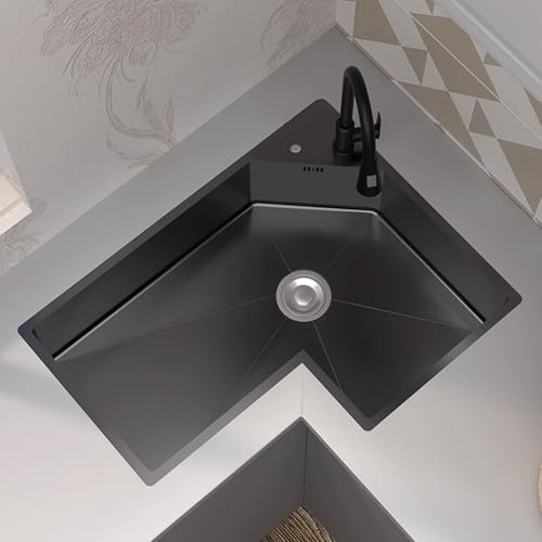Fregadero de cocina moderno en forma de L con grifo, diseño multifuncional de un solo cuenco, caída/montaje superior, ideal para cocina y bar, fácil de limpiar, solución que ahorra espacio