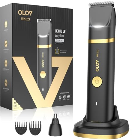 Groin & Body Hair Trimmer for Men - Electric Shaver for Pubic Hair, Chest, Legs - Ball Pubic Groomer, LED Light, Replaceable Ceramic Blade Heads, USB-C Recharge Dock, Waterproof Hygiene Razor