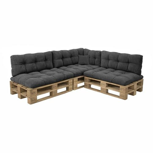 POKAR Set de 8 Coussins pour Palette en Velours Côtelé: 3X Assise 3X Dossier 1x Latéral 1x Déco | Coussins Matelassé pour Canapé et Salon de Jardin | Extérieur et Intérieur | Made in EU | Gris Foncé