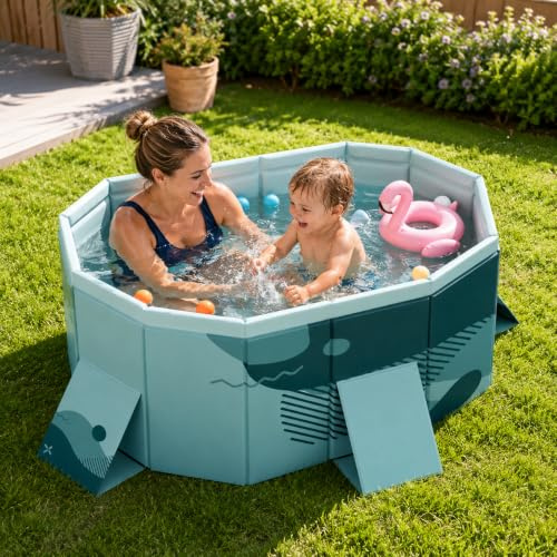 TrixmEsque Piscina Pieghevole Fuori Terra Rettangolare da Giardino | Senza pompa, pareti a 4 strati, doppio scarico e chiusura piatta salvaspazio(Green,63x47.2x18.5)