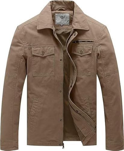 WenVen Homme Veste Saharienne Veste Légère Manteau Décontracté en Coton Veste d'Extérieur Casual Veste Zippée Coupe-Vent Automne Printemps Kaki XL