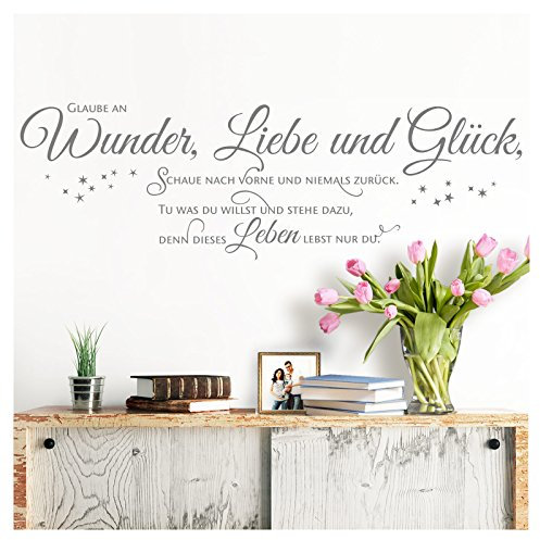 Grandora Wandtattoo Spruch Glaube an Wunder Liebe und Glück I Mittelgrau (BxH) 160 x 45 cm I Wohnzimmer Flur Sticker Aufkleber Wandsticker Wandaufkleber W5393