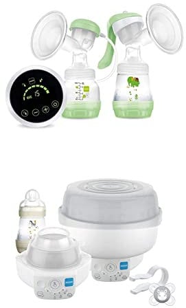 MAM 2-in-1 Single Electric Breast Pump, Flexible Use Electric and Manual Breast Milk Pump, Green & Electric Baby Bottle Steriliser & Express Bottle Warmer; with 6 Functions