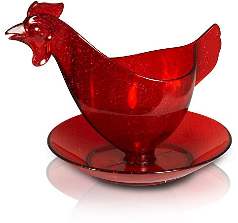 Sonja PLASTIC Eierbecher in Huhnform rot transparent mit Glitzerelementen - ostdeutscher Küchen-Klassiker aus Sachsen (REIFRA) - fröhlicher Frühstückstisch inkl. Kochbüchlein & Geschenkkarte