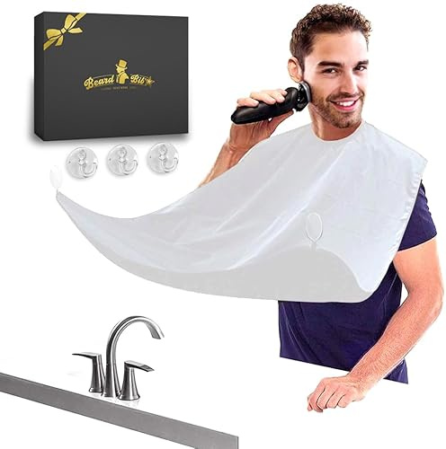 Beard Bib, White Beard Apron for Shaving, Xmas Stocking Fillers | Water Resistant Foldable Beard Catcher with Storage Pouch & 3 Hooks, Easy Clean Reusable Fabric, Gift Box for Dad Gifts