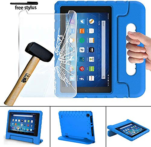FINDING CASE for Amazon Fire 7 with alexa Tablet Case (9th & 7th & 5th Gen,2019 & 2017 & 2015 Release) With Tempered Glass Screen Protector Cover - ShockProof Handle Foam Stand Kids Cover blue