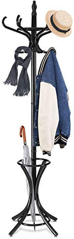 DREAMADE Porte-Manteau sur Pieds en Bois avec 12 Crochets, Porte-Parapluie, Charge Maximale 10KG pour l’Entrée, Salon, Chambre à Coucher, Bureau (Brun rougeâtre)