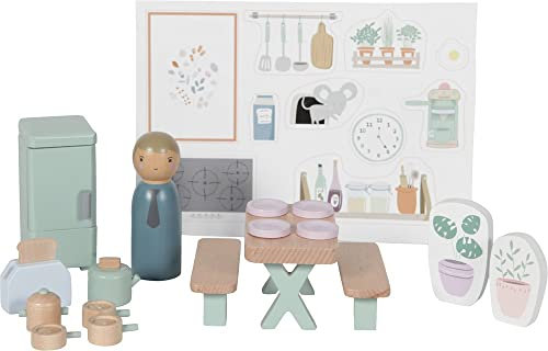 Little Dutch Puppenhaus-Zusatzset 19-teilig - Küche: Holz Puppenhaus Spielset, Ab 3 Jahre, Püppchen Papa, Tisch, Stühle, Kühlschrank, Toaster, Teekanne, Teller, Pfannen, Zimmerpflanzen, Stickerbogen