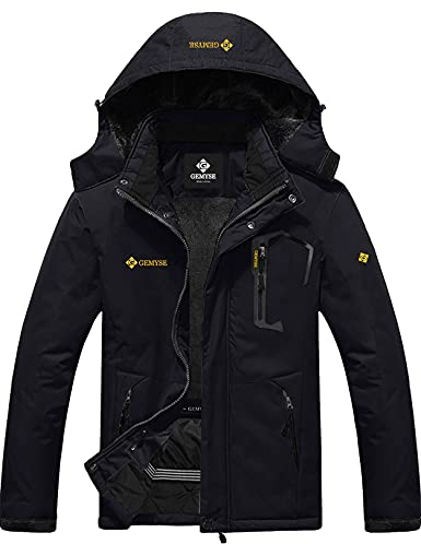 GEMYSE Herren Skijacke Winddichte Wasserdichte Fleece Winterjacke mit Kapuze für Outdoor(Schwarz,2XL)