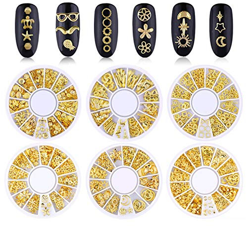 6 Boxes Nail Art Studs - 3D Decorations Alloy Gems Hollow Out Star Moon Mix Styles Rivet Decals for Gel Nails DIY Decor (Gold)