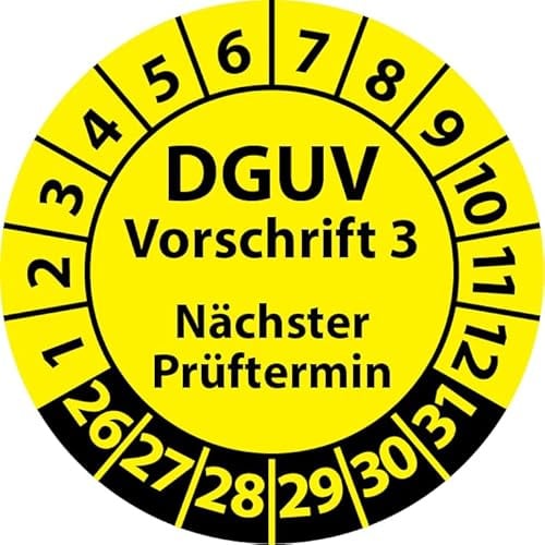 Prüfplakette DGUV Vorschrift 3 Nächster Prüftermin, selbstklebend, Prüfaufkleber, Prüfetikett, Plakette (30 mm Ø, Gelb, 100)